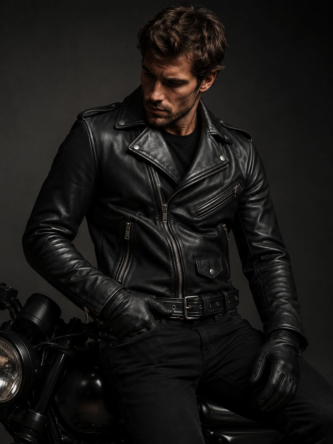 QURESHI SAMPS ARTICLE #5089 Classic Black Biker Leather Jacket